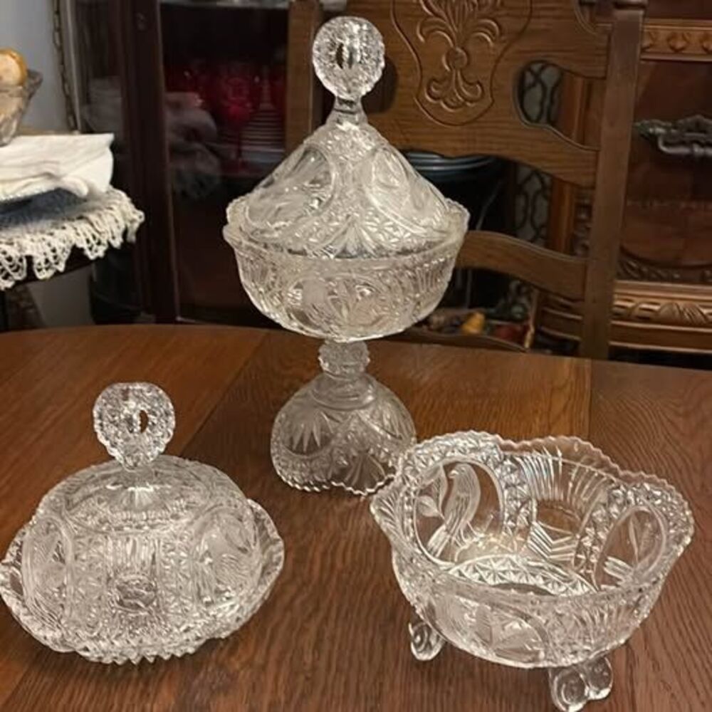 Vintage set Bavarian Pressed Glass Bird Pattern Candy Dishes and Bowl Set
